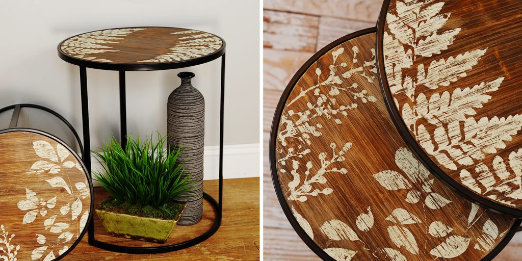 Rustic Country Nesting Tables with Leaf Pattern by Midwest CBK. Click on the image to view additional nesting table styles.