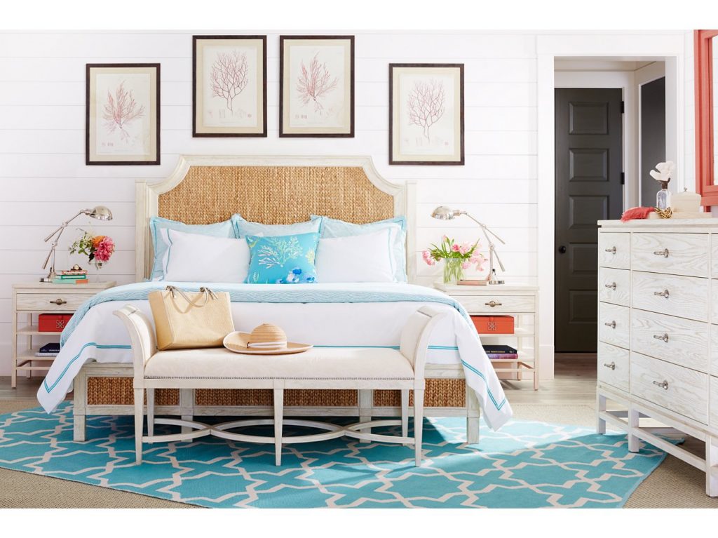 Bright & Airy Coastal Inspired Bedroom: Turquoise & Coral are the perfect accent colors for the crisp white walls and sand colored headboard