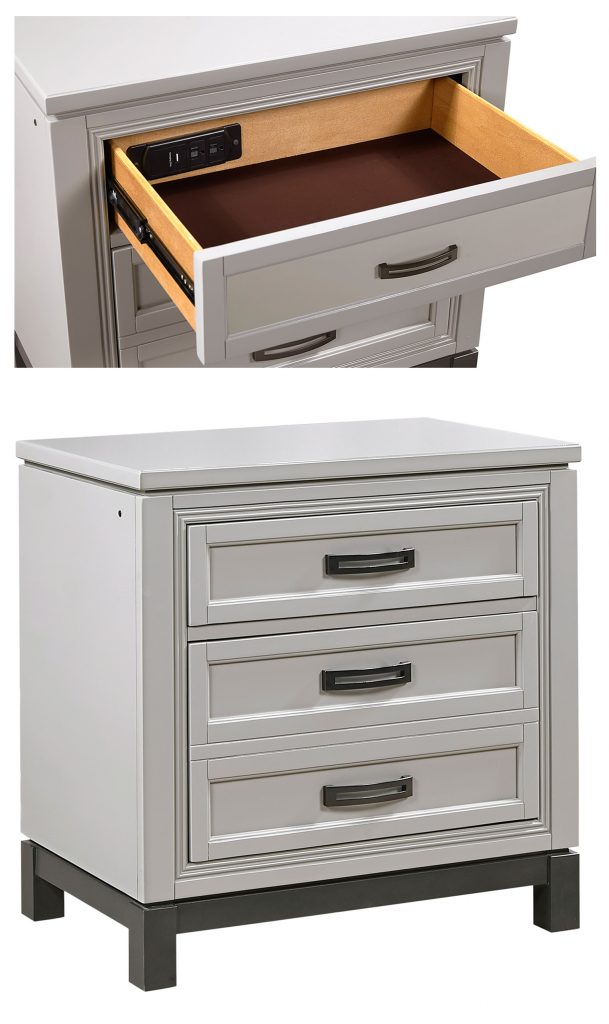 Liv 360 Nightstand from Aspenhome Furniture features AC outlets in the top drawer and 3 way touch pathway lighting.